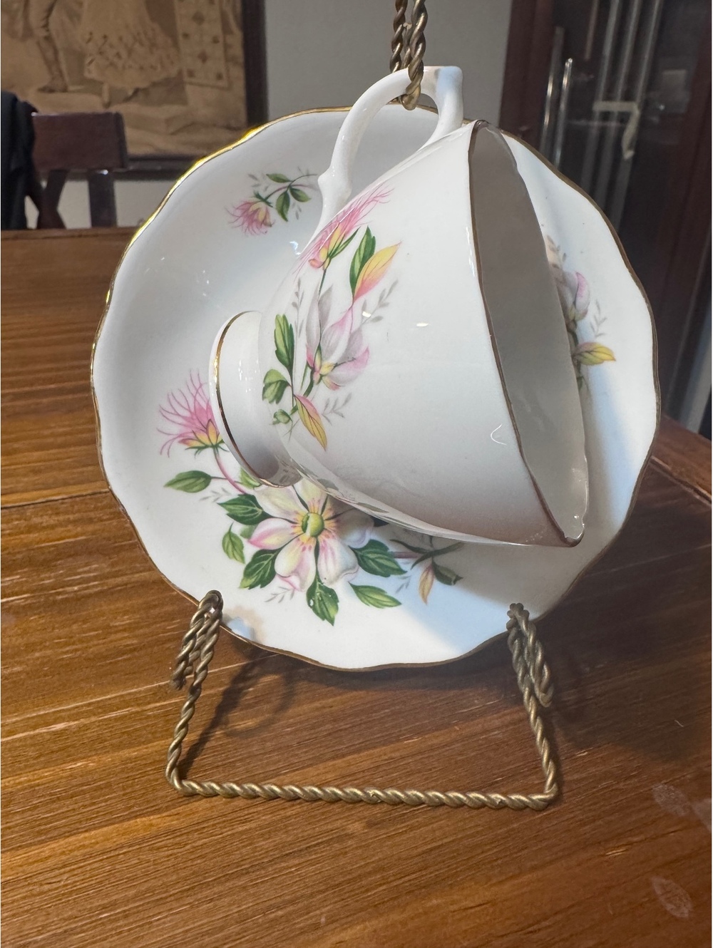 Vintage Royal Vale Bone China Teacup Saucer & Display Stand England Floral Gold